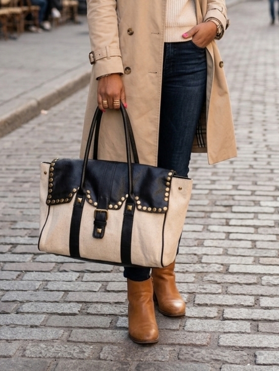 Handbags - Used cream and black handbag with gold detailing